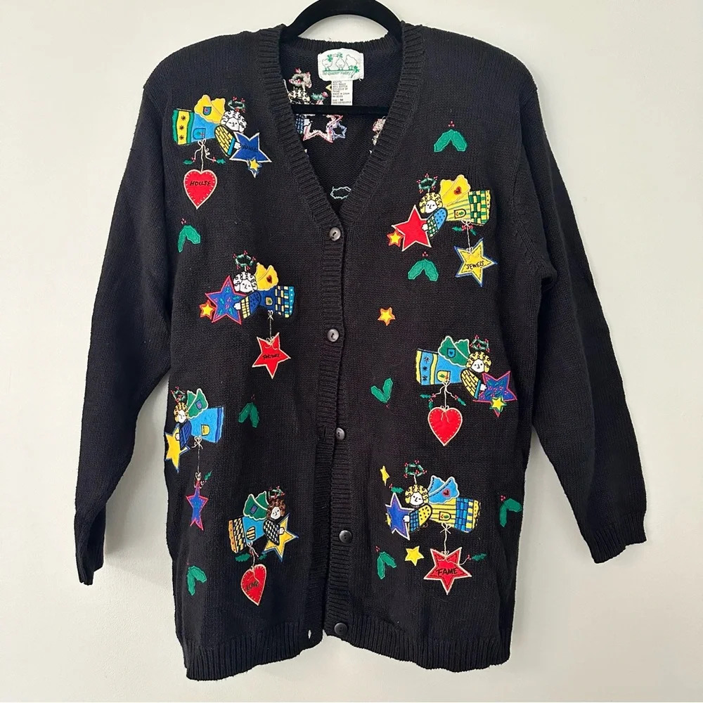 Quacker Factory Christmas Holiday Sweater Vintage colorful angels Size Medium